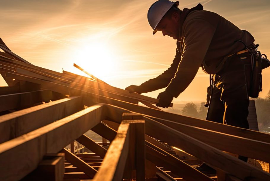 Arbeiter auf dem Dach, Holzlatten werden bei Sonnenuntergang bearbeitet.